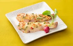 Grilled salmon fillet glazed with a savory white miso and mayonnaise sauce
